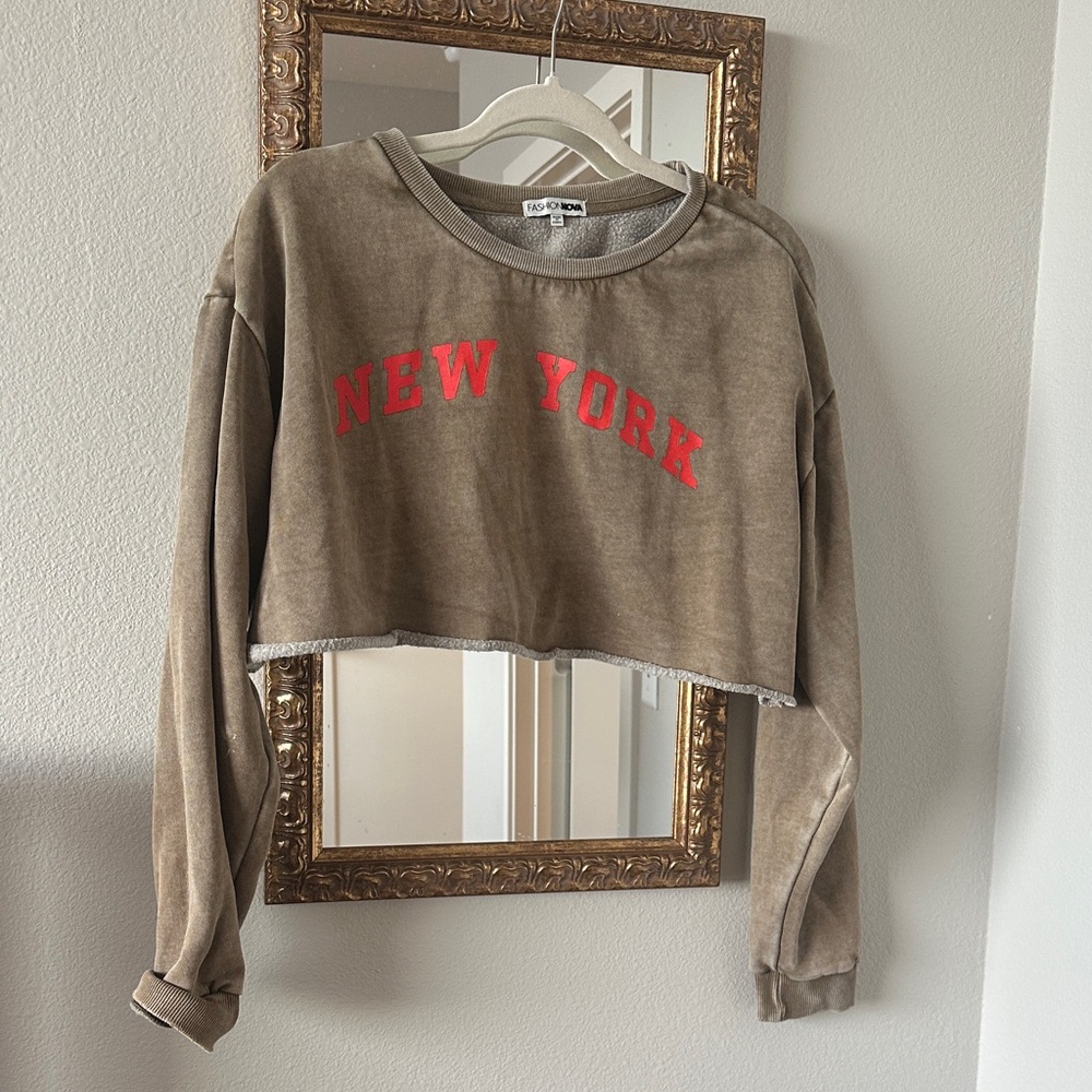Fashion Nova Tan Crop Sweater with Red Print